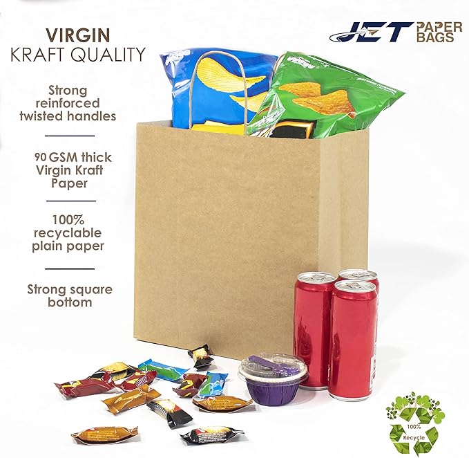 JET PAPER BAGS - 11x7x12 Inch [250 Pcs] Brown Paper Bags with Handles Prime for Takeout, Grocery, Goody, Retail, Party, Gifts, Weddings