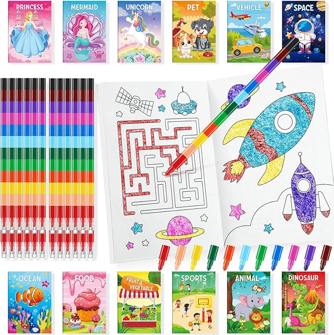 BenLouis Coloring Books for Kids With Stacking Crayons Set Mini Coloring Books Bulk for Ages 4-8-12 Small Activity Books for Birthday Party Gifts Goodie Bags Stuffers Travel（24+24Pcs Classic）
