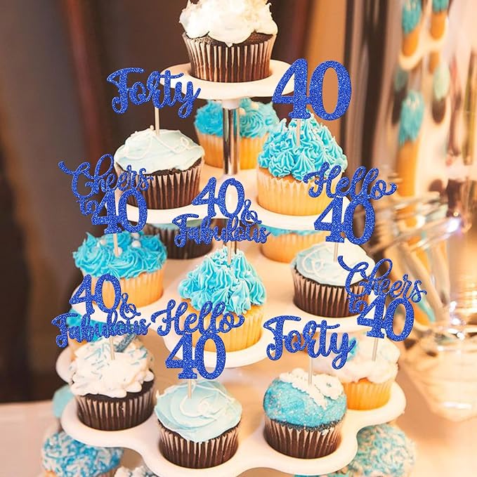 30PCS Happy 40th Birthday Cupcake Toppers Glitter Hello 40 Fabulous Forty Cheers to 40 Years Old Birthday Cupcake Picks for Happy 40th Birthday Anniversary Party Cake Decorations Supplies Blue
