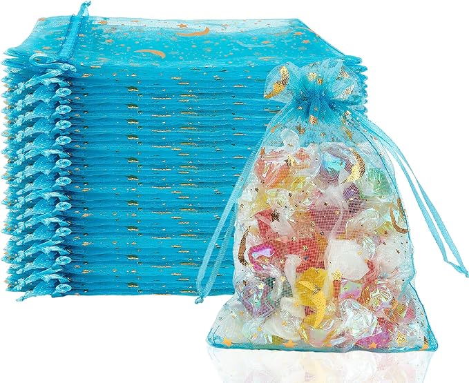 Moon Star Organza Bags 4x6 Small Mesh Bag Drawstring 50 Pcs Mesh Gift Bags Drawstring Pouch Wedding Favor Bags Jewelry Pouches Bulk Gift Pouch for Candy Soaps Birthday Festival Party Supplies, Blue