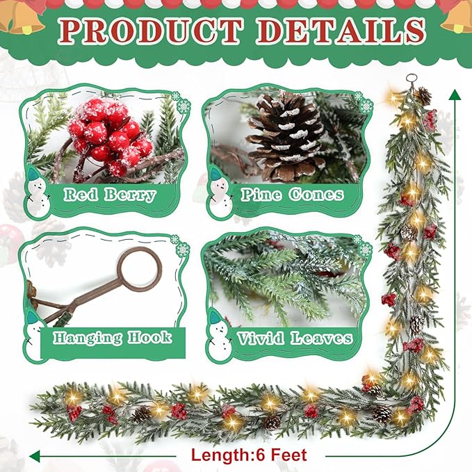 6FT Christmas Garland with Lights, Christmas Decor Pre-lit Artificial Pine Garland with Battery Operated Timer, Decorations Indoor Outdoor Home Holiday Flocked Garland for Mantel Window Stairs Wall