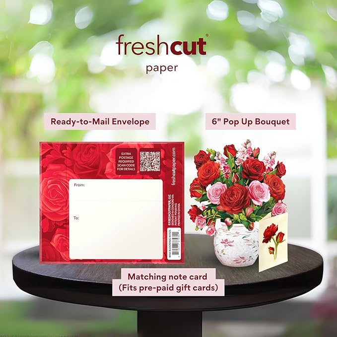 Freshcut Paper Pop Up Cards, Mini Blooming Roses, 6 Inch Mini Sized Forever Flower Bouquet 3D Popup Greeting Cards, Valentine's Day, Anniversary Card, Blank Notecard & Envelope