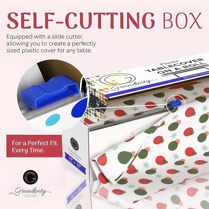 Grandipity Plastic Tablecloth Roll - 54in x 100 Ft. Holiday Plastic Table Cloths for Parties Disposable with Cutter Box - Cut to Size Disposable Tablecloth Table Cover for Rectangle & Round