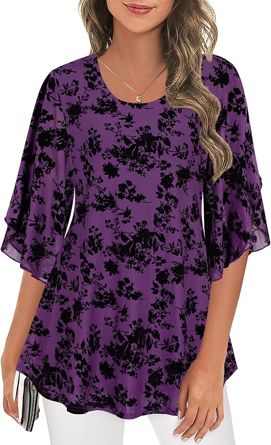 Ninedaily Women's Tops 3/4 Sleeve Blouses Dressy Casual Double Layers Mesh Tunic Shirts