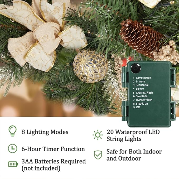 GarveeHome Christmas Garland with Lights for Mantle 6 ft, Lighted Outdoor Xmas Garland with 20 Battery Operated LED Gold Balls Pine Cones Antlers for Fireplace Front Door Stair Railing Window Decor