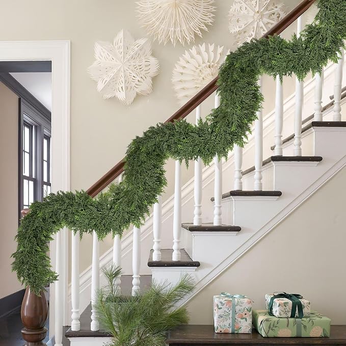6FT Thick Christmas Garlands with 168 Cedar Branches, Real Touch Green Cedar Garland for Christmas Decorations, Artificial Greenery Garland for Table, Mantle, Wall, Indoor, Outdoor Holiday Decor