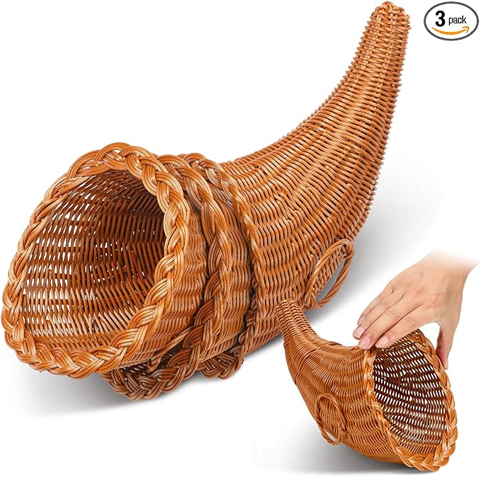 Dandat 3 Pcs Thanksgiving Cornucopia Basket 13.78 Inch Thanksgiving Horn of Plenty Fall Table Decoration Harvest Cornucopia for Autumn Table Centerpieces Fall Party Decorations
