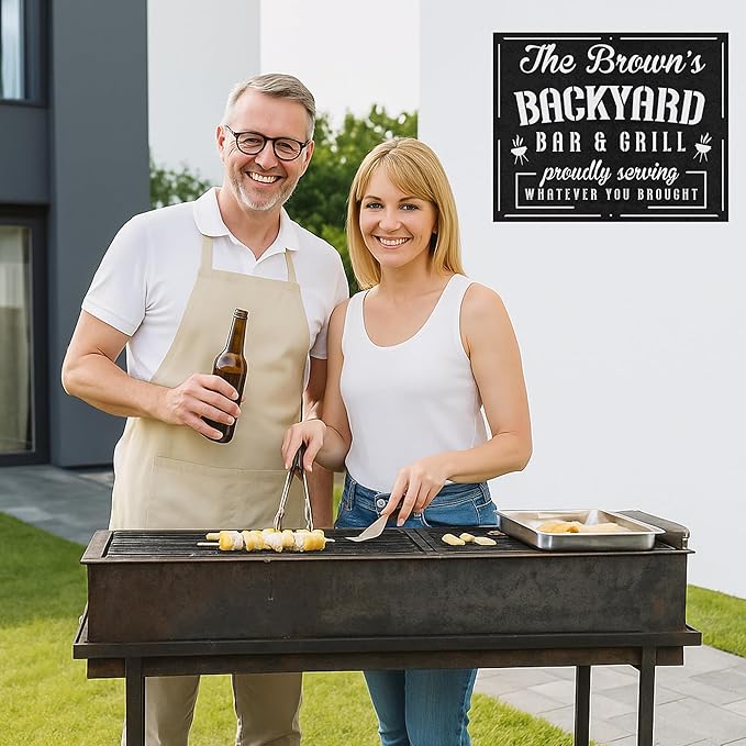 Custom BBQ Metal Sign Personalized Grill Name Wall Art for Outdoor Kitchen Patio Backyard Decor Fathers Gift for Dad Grandpa Husband Barbecue Smoker Area Sign, Grilling Lover Gifts 29