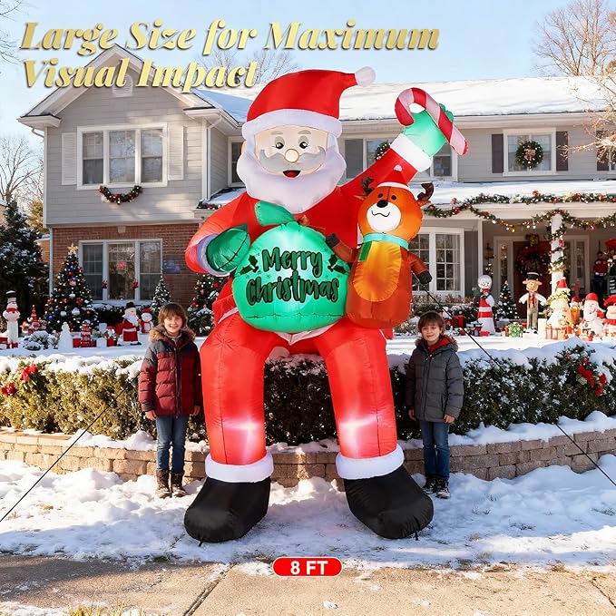 8FT Christmas Inflatables Outdoor Decorations, Sitting Santa Claus with Gift Candy and Reindeer, Blow Up Holiday Yard Decor with Built-in LED Lights for Xmas Garden, Lawn, and Party