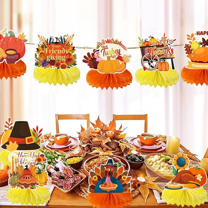 Thanksgiving Table Decorations Centerpieces 9pcs Friendsgiving Table Decorations Fall Centerpieces Turkey Centerpieces for Tables Thanksgiving Honeycomb Table Decorations for Fall Pumpkin Party