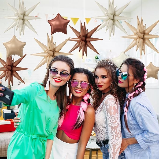 18 Pcs Cream Star Balloons, Caramel Brown Balloon with 6 Pcs 22-Inch Explosion Star Balloons 12Pcs 10-Inch Four Pointed Stars Foil Balloon for Boho Wedding Baby Shower Birthday Party Decoration