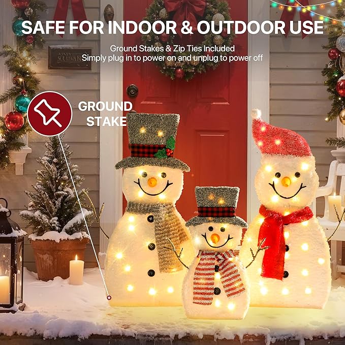 GENIMO 3-Piece 2D Outdoor Snowman Christmas Decorations Yard, 30 inch Pre Lit Snowman Family with 70 Led Lights Outside Indoor Holiday Lighted Christmas Decor for Lawn