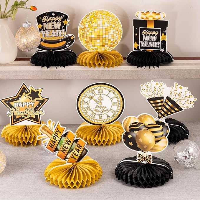 8 Pieces New Years Centerpieces, Gold and Black NYE Party Table Centerpieces for New Years Eve Party Supplies 2026