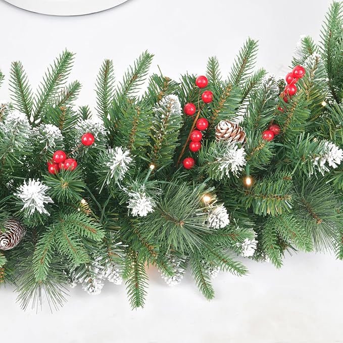 9Ft Artificial Christmas Garland with 50 Lights, Xmas Holiday Decoration Snow Flocked Artificial Garland with Pinecones Berries for Stairs Fireplaces Wall Door for Stairs