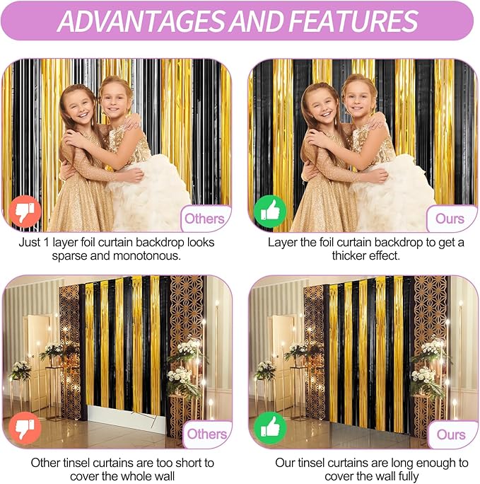Crosize 3 Pack 3.3 x 9.9 ft Black & Gold Foil Fringe Curtains Party Decorations, Black & Gold Tinsel Curtain Backdrop for Parties, Door Streamers, Glitter Streamer Backdrop for Birthday Decoration