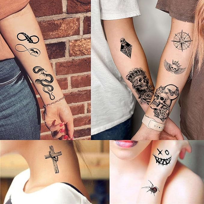 48 Sheets 3D Small Temporary Tattoos For Kids Women Neck Girls Arm Boys, Temp Tiny Halloween Tattoo Stickers Men Spider Cross Scorpion Snake Tiger Lion, Flower Ghost Skull Fake Tatoos Acnhor