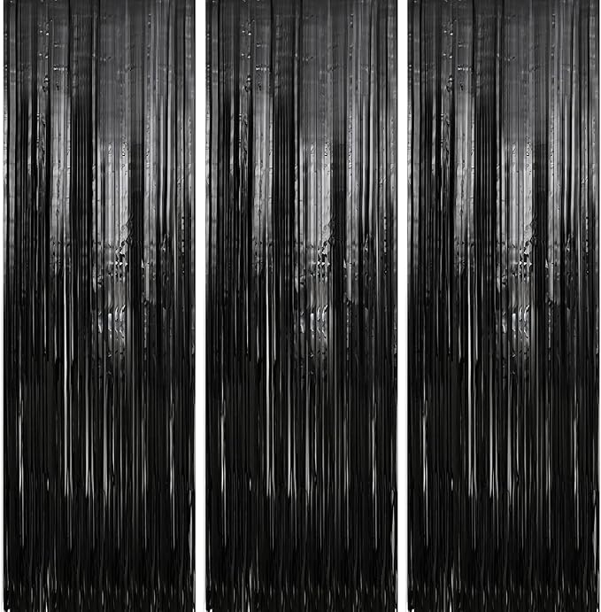 Crosize 7 Pack 3.3 x 9.9 ft Black Foil Fringe Backdrop Curtain, Streamer Backdrop Curtains, Streamers Birthday Party Decoration, Rose Gold Tinsel Curtain for Parties, Galentines Decor, Baby Shower