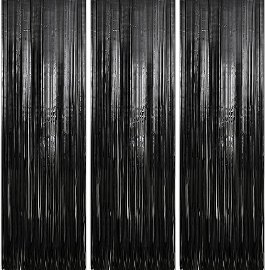Crosize 7 Pack 3.3 x 9.9 ft Black Foil Fringe Backdrop Curtain, Streamer Backdrop Curtains, Streamers Birthday Party Decoration, Rose Gold Tinsel Curtain for Parties, Galentines Decor, Baby Shower