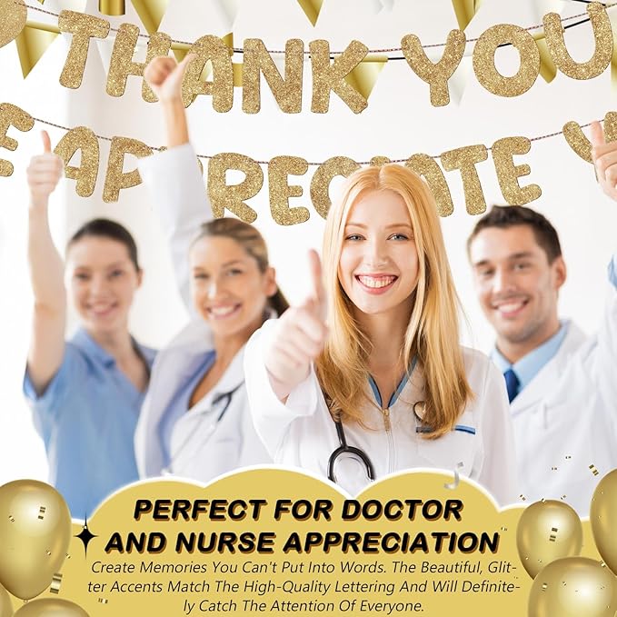 Fulmoon Pre Strung Thank You We Appreciate You Glitter Banner Funny Appreciation Banner for Employee Coworker Staff Teacher Thank Sign Party Decorations(Champagne Gold)