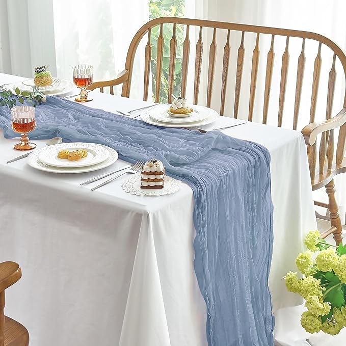 IVAPUPU 1 Pcs Cheesecloth Table Runner - 10ft Dusty Blue Boho Gauze Cheese Cloth Table Runners for Baby Shower Decoration Wedding Party Summer Garden Farmhouse