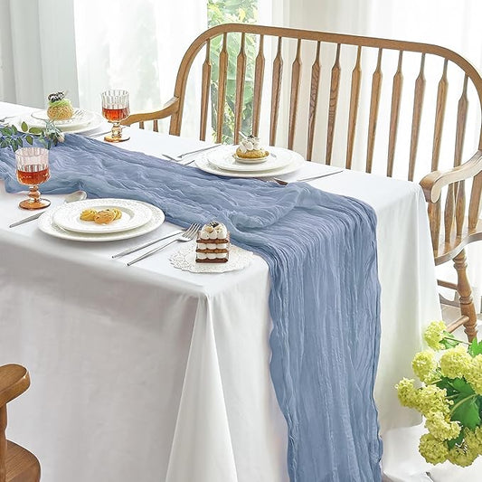 IVAPUPU 1 Pcs Cheesecloth Table Runner - 10ft Dusty Blue Boho Gauze Cheese Cloth Table Runners for Baby Shower Decoration Wedding Party Summer Garden Farmhouse