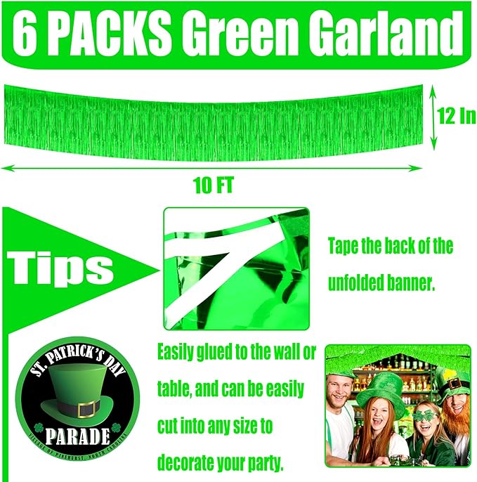 6 Pack 10 Feet Foil Fringe Garland Metallic Tinsel Streamers Banner Wall Hanging Curtain Backdrop for Parade Floats, Bachelorette, Wedding, Birthday, St Patrick Day, Christmas Party Decorations(Green)