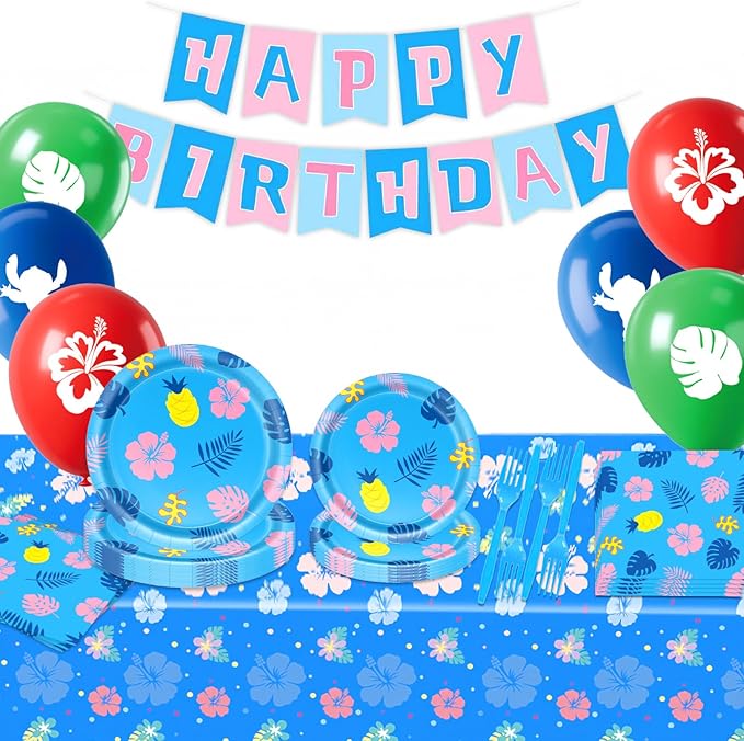 96 Pcs Hawaii Birthday Decorations Blue Hawaii Theme Party Decorations Set Serves 16 - Paper Plates and Napkins,Banners,Balloons,Tablecloths for Baby Shower,Boys Birthday Party Supplies