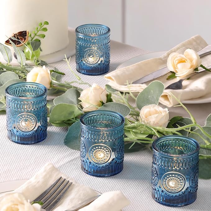 Blue Votive Candle Holder Set of 12, Glass Tea Lights Candle Holders for Wedding Table Centerpieces, Birthday Parties, Home Decor and Holiday Decor