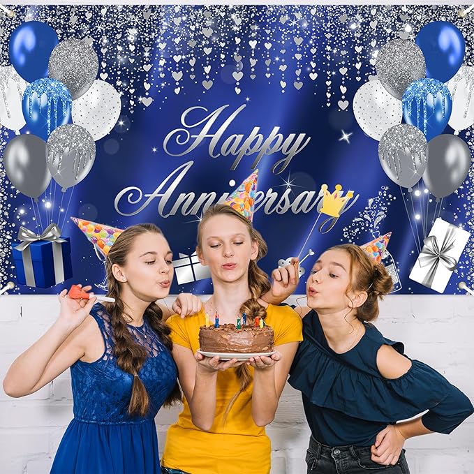 Avezano Happy Anniversary Banner Glitter Happy Anniversary Decorations for Wedding Bridal Shower Party Decorations 70.8 x 43.3 Inch (Blue and Silver)
