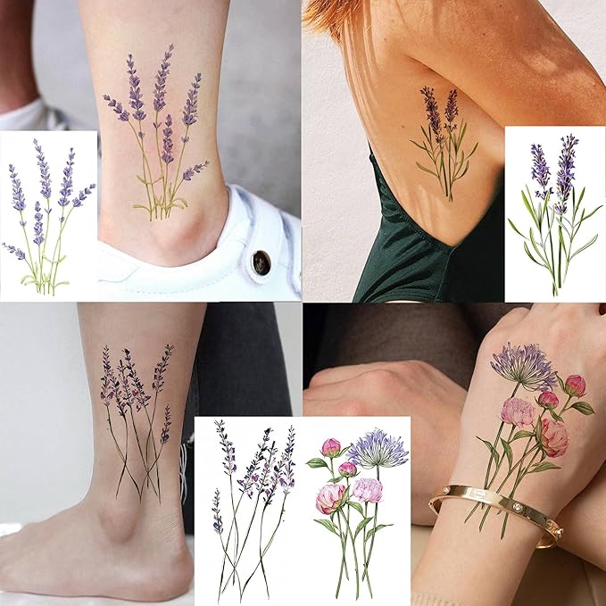 COKTAK 12Pieces/Lot 3D Watercolor Lavender Flower Temporary Tattoos For Women Body Art Arm Fake Flora Adults TattooSticker Waterproof Girls Tatoos