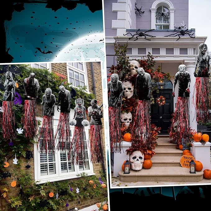 8 Pcs Horror Halloween Zombie Outdoor Hanging Decorations with Tassels Bloody Scary Yard Decoration for Outside 3.3ft Windsocks for Wall Tree Home Lawn Yard Party Supplies Garden Decor