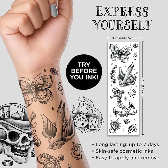 Savvi - 20 Black and Gray Temporary Tattoos: Skin-Safe Ink, Great for Parties and Everyday Wear, Gifts for Teens and Adults, Made in the USA [2 sheets, 20 count]