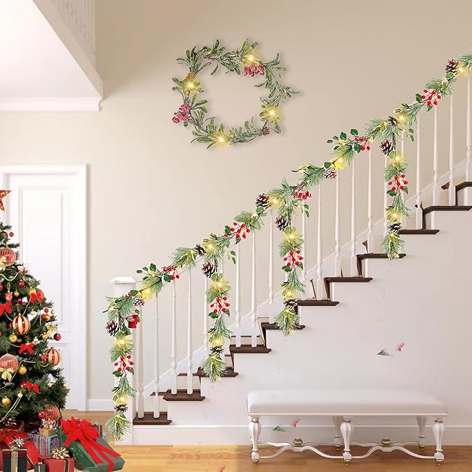 Smokey Pine Garland, Battery Operated Garland with Lights, 6FT Prelit Christmas Garland with Timer, Lighted Holly for Stairs Railing Mantle Fireplace Party Holiday