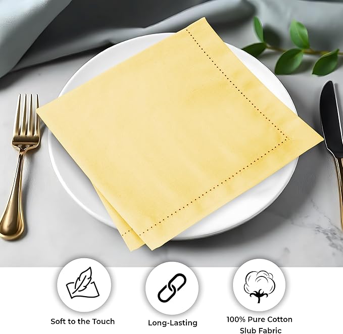 Urban Villa Cloth Napkins Yellow Hemstitch Dinner Napkins Set of 12 20X20 Inches 100% Cotton Absorbent Washable Durable Reusable Ideal for Farmhouse Party Thanksgiving Harvest Fall Dinner Napkins