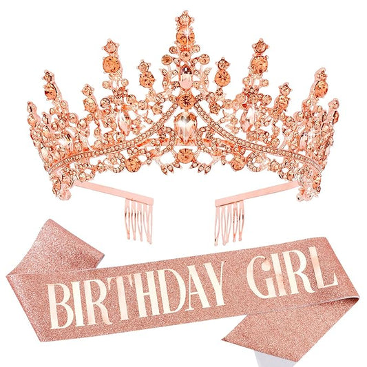 Velscrun Rose Gold Crystal Birthday Tiara Crowns for Women Girls Elegant Princess Crown with Combs Birthday Girl Headband Sash Happy Birth Party Decorations Birth Gift Hair Accessories