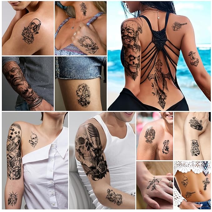 Yazhiji Waterproof Temporary Tattoos For Adult, Chicano Large Fake Tattoo Guadalupe Gangster Prisoner Day of the Dead, Lowrider Style Culture Mexico Clown 77 sheets Tattoo Stickers for Men Women