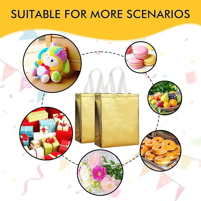 RACETOP 100 Pcs Gold Reusable Gift Bags Medium Size, 8x4x10 Inch Gold Gift Bags with Handles & Sturdy Base, Ideal for Birthday, Wedding, Bachelorette, Party Favors, Holiday Goodie