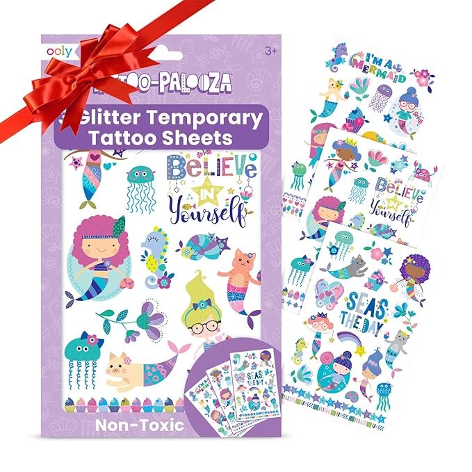 Ooly 50 Temporary Tattoos For Kids, Safe & Non-Toxic Temporary Tattoo, Party Favors Gifts for Kids, Great Goodie Bag Stuffers & Fun Birthday Decorations - Mermaid Magic