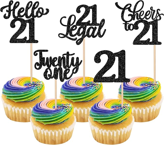 30PCS Happy 21st Birthday Cupcake Toppers Glitter Twenty One Legal 21 Hello 21 Cupcake Picks Cheers to 21 Birthday Decorations for 21st Birthday Anniversary Party Cake Decoration Supplies Black