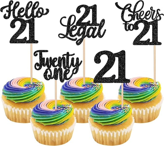 30PCS Happy 21st Birthday Cupcake Toppers Glitter Twenty One Legal 21 Hello 21 Cupcake Picks Cheers to 21 Birthday Decorations for 21st Birthday Anniversary Party Cake Decoration Supplies Black