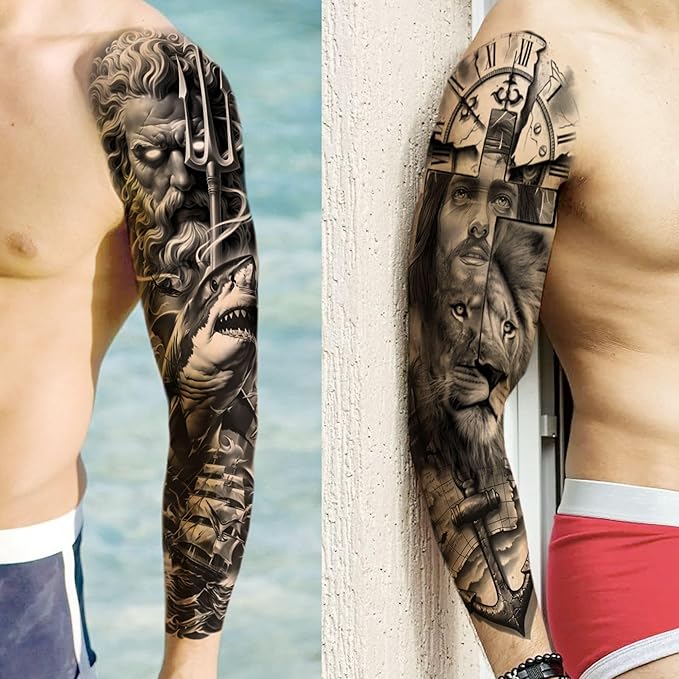 20 Sheets Black Gothic Full Arm Temporary Tattoos For Men Adults Thigh, Nun Girl Skull Skeleton Zeus God Jesus Christ Fake Sleeve Tattoos For Women, Scary Halloween Tattoo Stickers Demon Vampire