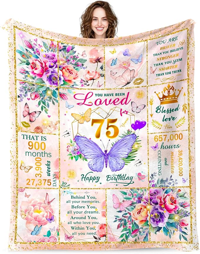 75th Birthday Gifts for Women Blanket, Fun Purple Butterfly Flower Throw Blanket Unique Gifts for 75 Year Old Woman, 75th Birthday Decorations for Women, Super Soft Warm Plush Flannel Blankets 60"X50"