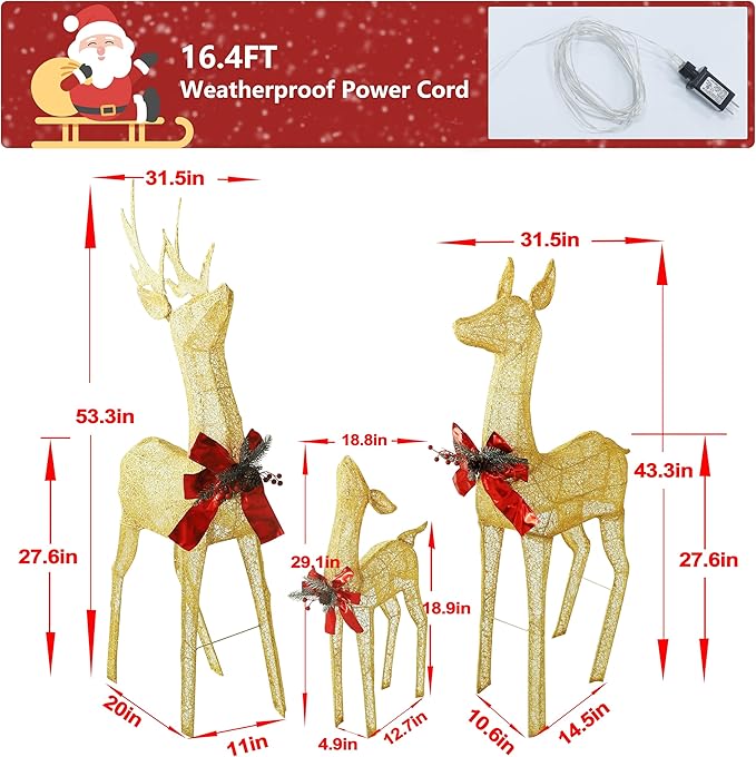 BlueWish Outdoor Christmas Decorations, 3-Piece Golden Christmas Reindeer Decor with Bow Ties, 200 LED Lights, Pre-lit Outdoor Christmas Decor for Garden, Yard, Porch