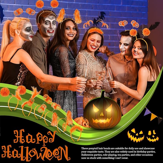 Censen 24 Pcs Pom Pom Headband Tinsel Wrapped Ponytail Head Bopper Costume Headwear Halloween Party Accessory