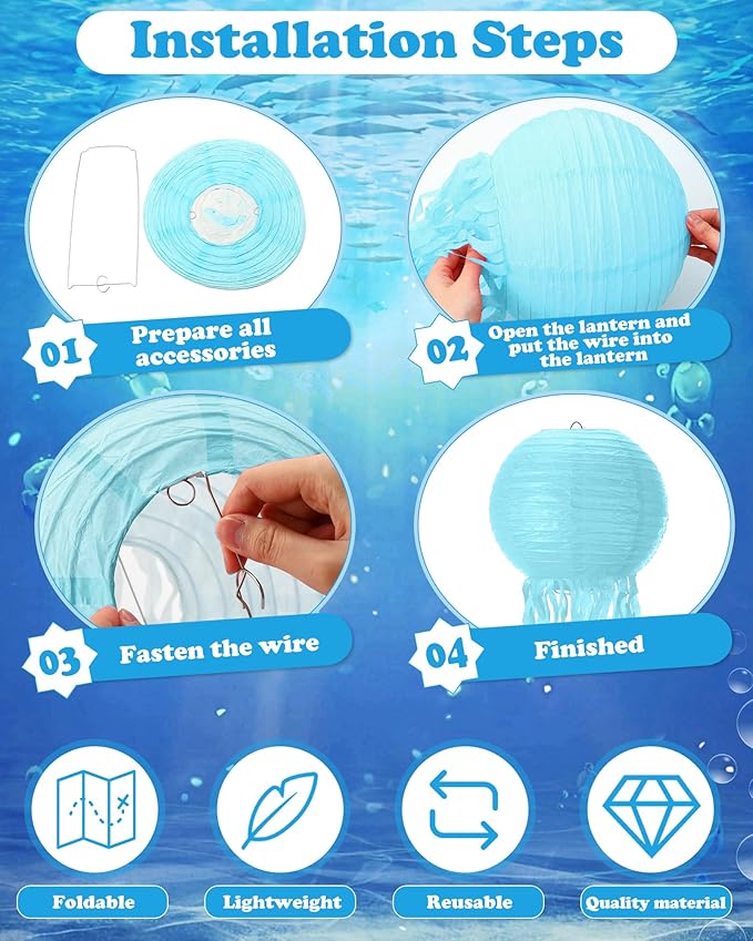 18 Pcs Jellyfish Paper Lanterns Jellyfish Lantern Hanging Decoration Ocean Theme Party Supplies Mermaid Birthday Decorations for Baby Shower Under The Sea Birthday Party Supplies(Blue)