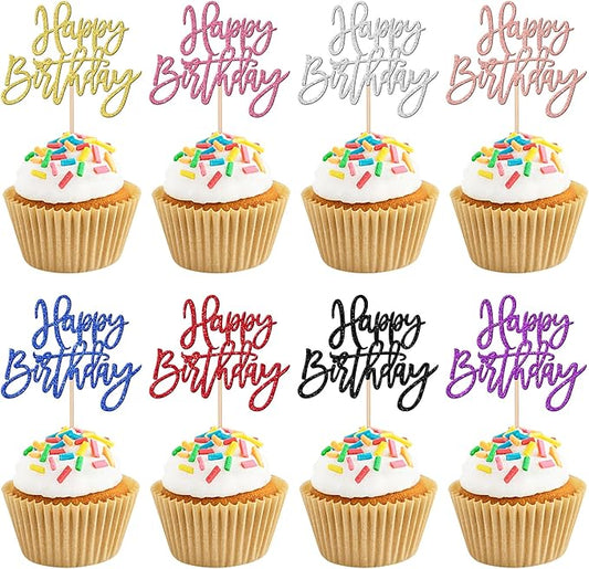 24 PCS Happy Birthday Cupcake Toppers Glitter Picks for Celebrating Party Decorations Anniversary Theme Cake Supplies Multi