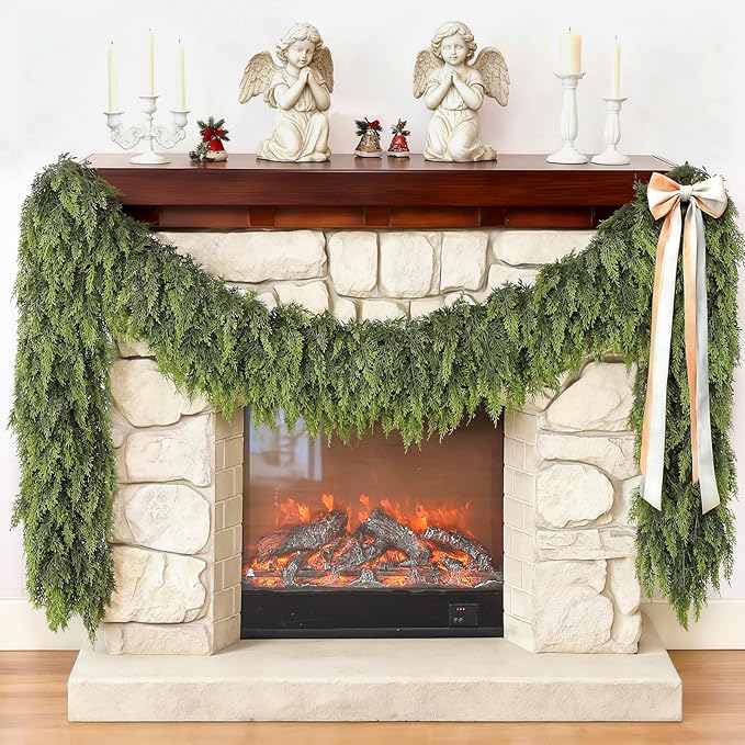 6FT Cedar Garland for Fireplace - Artificial Christmas Garland Thick and Lush Realistic Faux Cedar Fake Pine Needles Garland for Table,Window,Stairs,Mante,Indoor Outdoor Decor (2PCS)