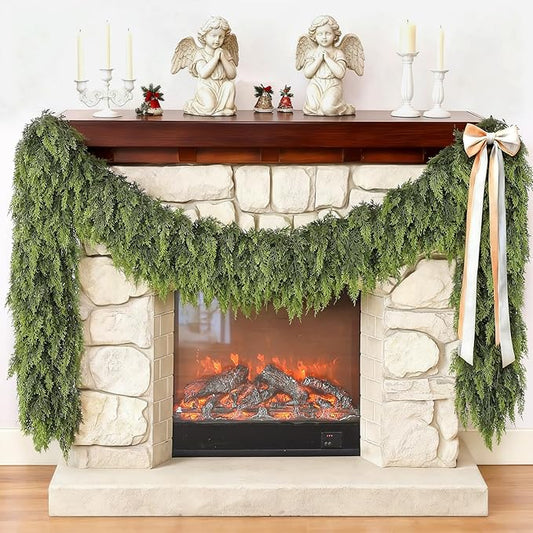 6FT Cedar Garland for Fireplace - Artificial Christmas Garland Thick and Lush Realistic Faux Cedar Fake Pine Needles Garland for Table,Window,Stairs,Mante,Indoor Outdoor Decor (2PCS)