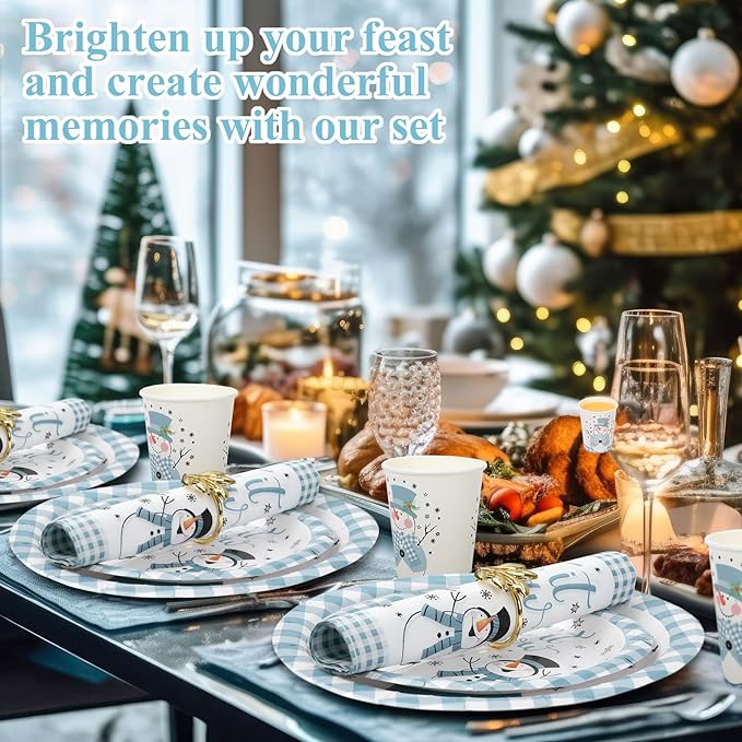 250 Pcs Christmas Snowman Paper Plates and Napkins Party Supplies Blue White Buffalo Plaid Winter Disposable Tableware Set for Christmas Winter Holiday Xmas Party Decoration