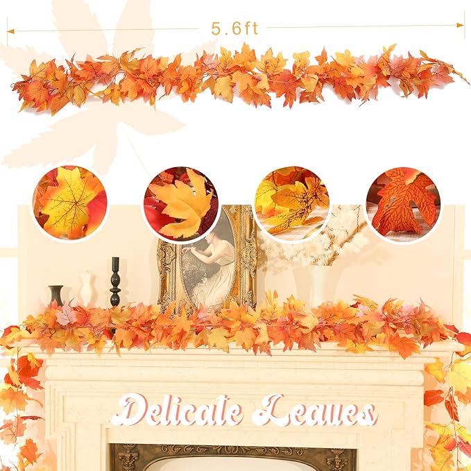 Joyhalo 6 Pack Fall Garland, Autumn Leaves Garland for Mantle Indoor Outdoor Fall Decor,Hanging Maple Leaf Foliage Vines for Fireplace, Front Door, Porch and Thanksgiving Decor